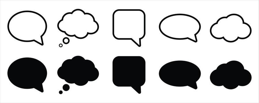Collection of speech bubble icons in outline and solid black vector style