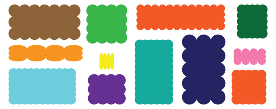 Zig zag wavy edge rectangle frame or border shapes set. Rectangle shapes with curvy squiggly doodle lines. Retro abstract curved shaped frames with geometr