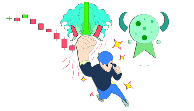 Man punch red candlestick, bullish market, to the moon trading stock moment