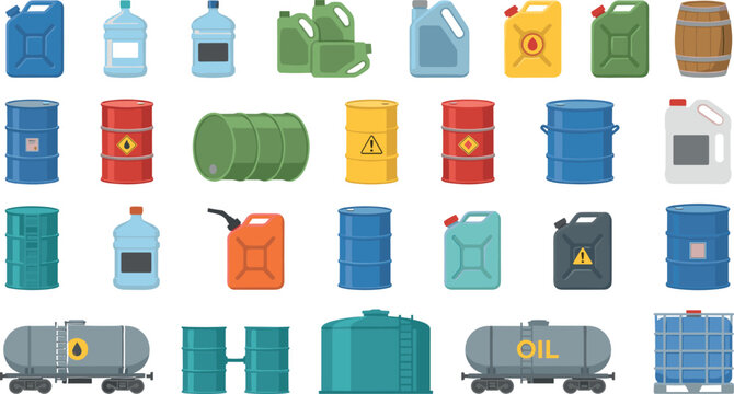 Industrial liquid storage containers flat vector illustration collection featuring oil drums metal barrels jerrycans canisters and fuel tank wagons