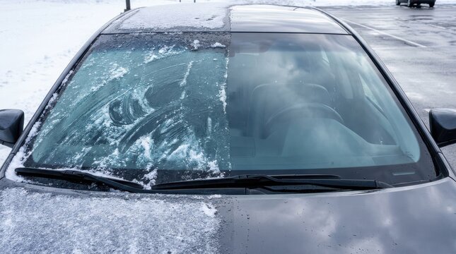 Split Car Windshield with Defrosted and Icy Snow Covered Sides