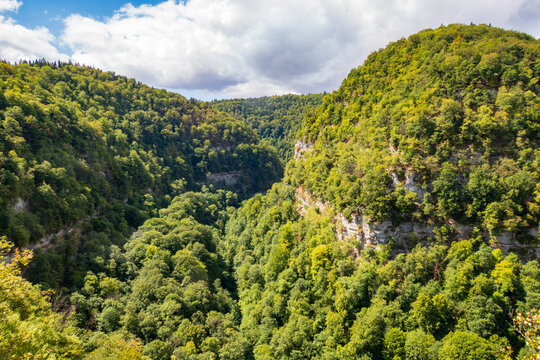 The Nouailles Gorge deep canyon viewed from the belvedere in Jura mountains - France