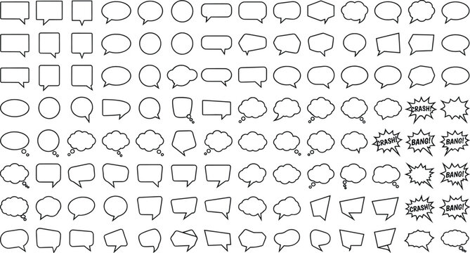 Minimalist speech bubble collection, 100 outline chat icons, comic book thought clouds and bang text bubbles, black and white vector set
