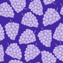 Obraz premium Seamless pattern with purple grape bunches on white background. Hand drawn vector illustration.