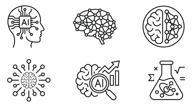 Artificial intelligence and machine learning conceptual icons set isolated on transparent background