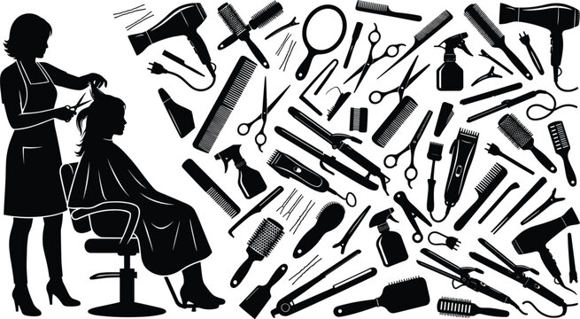 Hair salon stylist cutting customer hair silhouette vector illustration with comprehensive pattern of professional hairdressing equipment tools