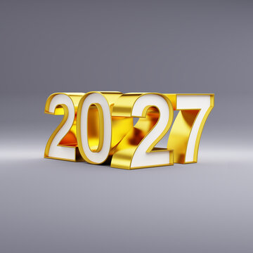 Golden digits with a white core building the year "2027" on a gray background. New Years Eve, new year concept.