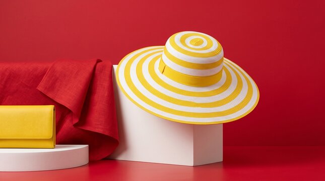 Summer fashion accessories yellow striped sun hat and clutch on red background.