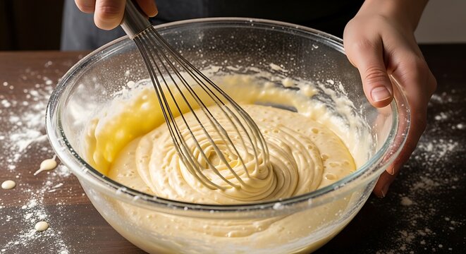 Hands whisking fresh cake batter in a large glass bowl on a floured table