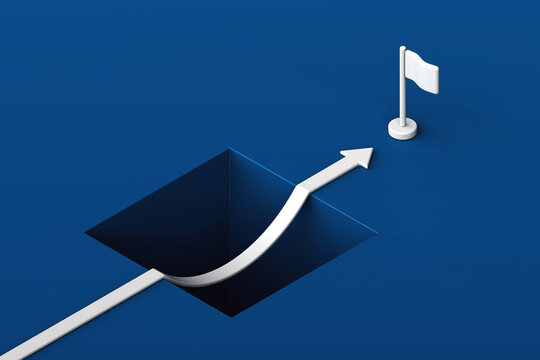 3D white arrow vaulting over deep hole pit towards target flag in isometric view. Minimalist risk management concept suited for bridging gap difficulty or achieving milestone goal illustration.