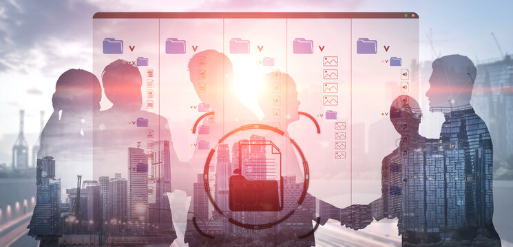 Business Team Collaboration with Digital File Management Concept Overlaid on Cityscape Background Representing Productivity and Innovation. Sentient.