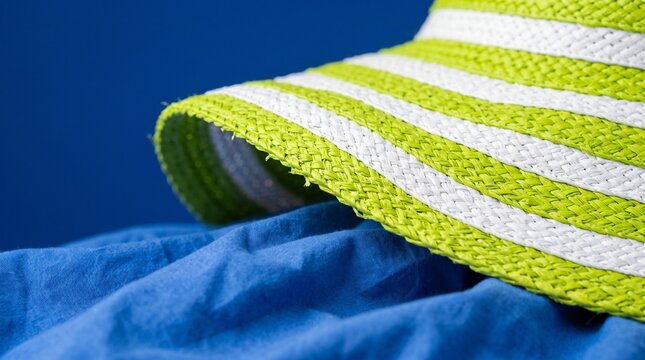 Green and white striped straw hat resting on blue beach towel.