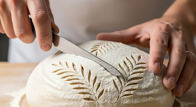 Baker hands scoring loaf of sourdough bread dough with lame knife, creating decorative wheat ear pattern before baking