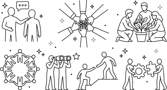 Teamwork vector icon set showing collaboration partnership unity help support community growth plant cog puzzle line art illustration
