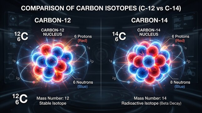 Carbon isotopes comparison. C-12 vs C-14 nuclear structure