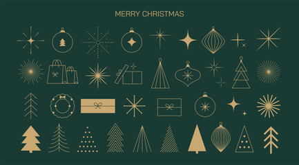 Fototapeta premium Merry Christmas. Minimal golden icons on dark green. Christmas trees and gifts. Vector