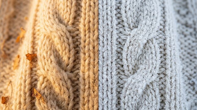 Close Up of Knitted Cable Sweater Split Between Autumn and Winter Textures