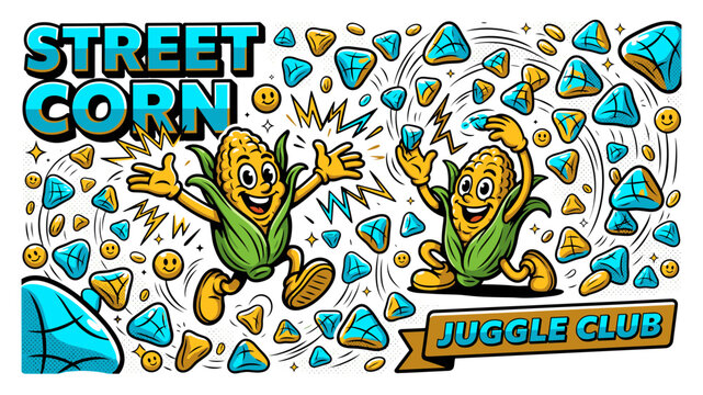Cute Corn Character Juggling Jewels Illustration with Fun Street Food Concept for Children's Room Decor, Playful Posters, and Bright Snack Branding Graphics