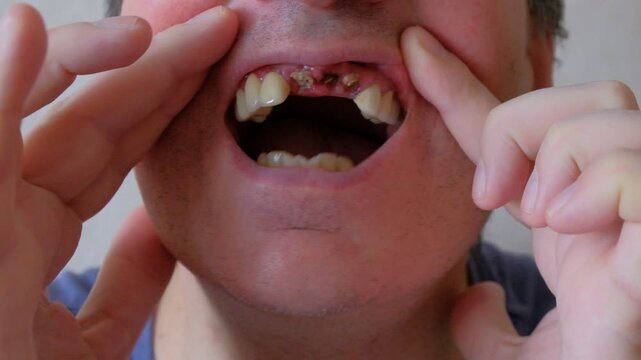 A man is getting his teeth treated in preparation for implants.