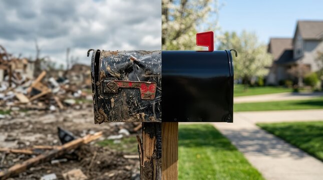 Mailbox Split Between Destroyed Aftermath and Undamaged Residential Neighborhood