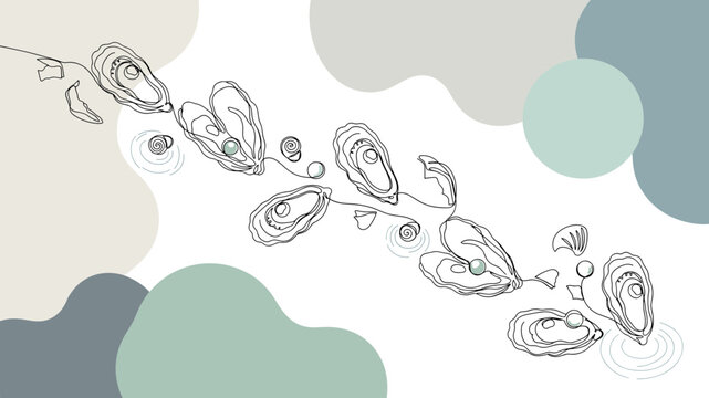 Minimalist Line Art Illustration of Fresh Oysters with Pearls and Abstract Fluid Shapes for Luxury Seafood Restaurant Interior Wall Art