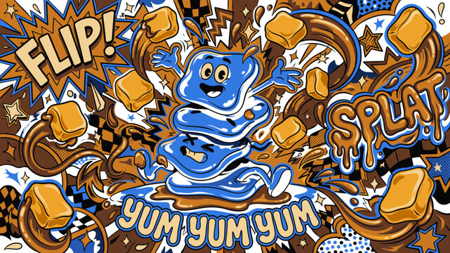 Pop Art Illustration of Blue Gummy Characters Splashing in Liquid Chocolate with Flying Marshmallows for Energetic Dessert Wall Art