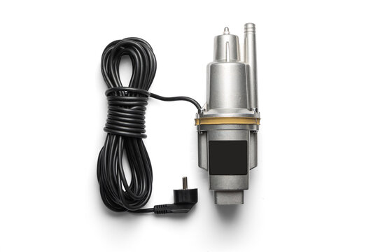 Submersible vibration water pump with long black power cord isolated on white background, top view