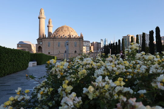 View of historic Tezepir Mosque framed by blooming white and yellow flowers with Baku cityscape in background