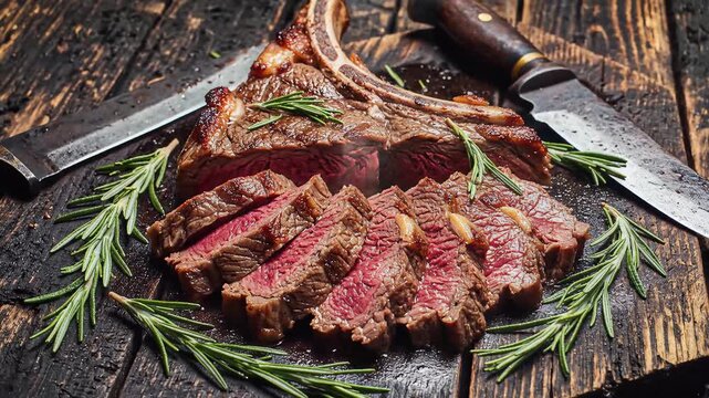 Sliced medium rare tomahawk steak with rosemary on a wooden cutting board