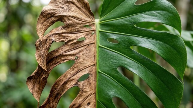 Detailed Comparison of Healthy and Decaying Monstera Plant Leaf