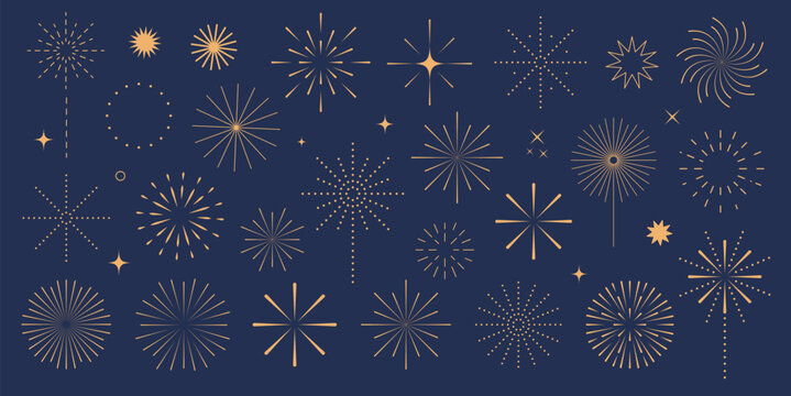 Gold starburst and fireworks shining sparkles. New year party celebration. Simple flat vector