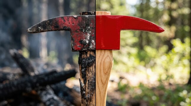 Pulaski tool demonstrating used and new states in contrasting forest.