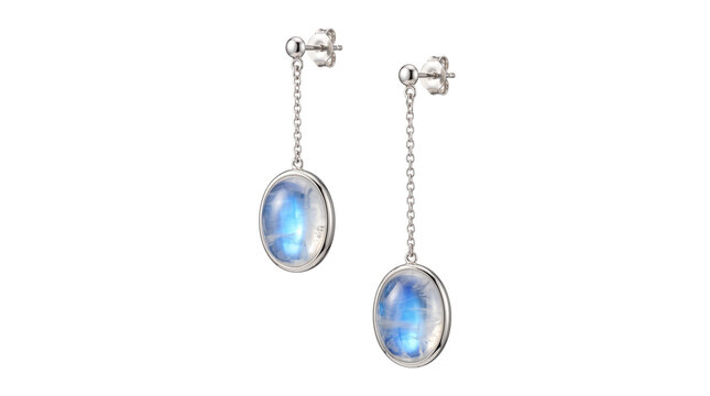 Elegant moonstone drop earrings, silver chain jewelry with oval blue gemstones, luxury bridal accessories on white background