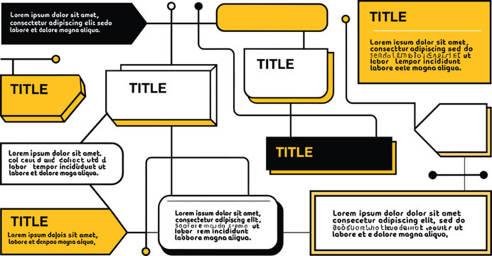 Modern yellow and black geometric infographic vector template with abstract mind map boxes and linear connection flowchart elements.