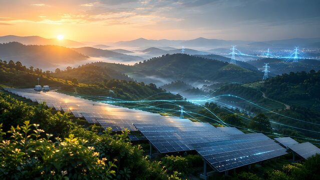 Solar panel farm on green mountain slope connected with digital network power grid lines at sunrise, smart renewable energy concept.
