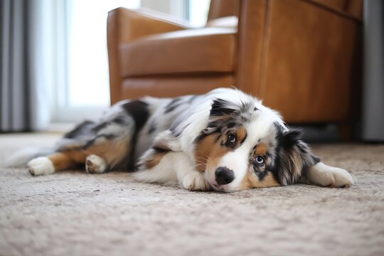 Cute australian shepherd dog resting on the living room