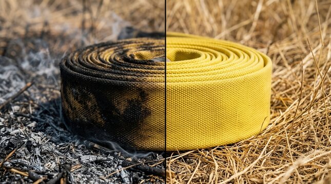 Rolled Fire Hose Half in Ash and Smoke, Half Clean on Dry Ground