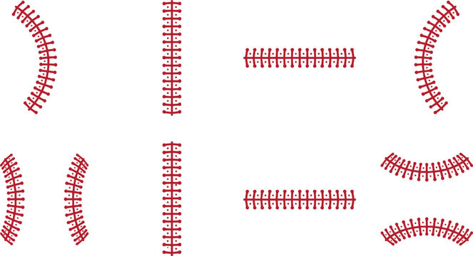 Baseball stitches collection set with realistic red leather seams curve and straight laces isolated on white background