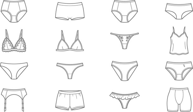 Women fashion lingerie and underwear outline icon set featuring lace bras panties briefs thongs bralettes camisole and garter belt vectors