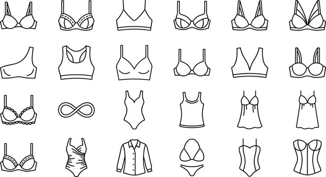 Women lingerie and bra line icon set black contour female underwear and nightwear vectors isolated on white background