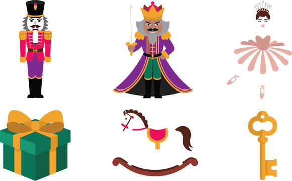 Christmas nutcracker ballet elements set with soldier mouse king ballerina gift box rocking horse golden vintage key