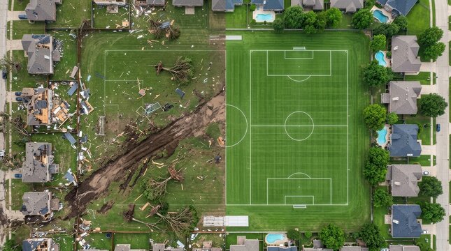 Aerial View of Soccer Field and Neighborhood Before and After Tornado Damage