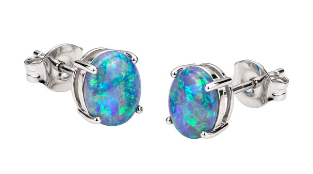 Elegant opal stud earrings in silver, blue and green gemstone jewelry, luxury white gold accessories for women