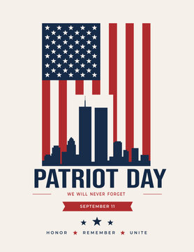 Remembering Patriot Day, We Will Never Forget. Patriot Day Background Design. Vector Illustration. 9 11 Patriot Day poster, Twin Towers background, USA flag