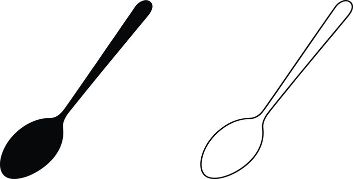 Two spoon one solid black silhouette and one thin white outline, isolated on a plain white background, for food
