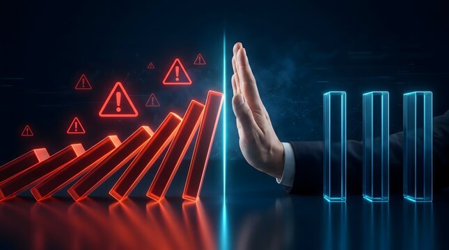 Businessman hand blocking collapsing red dominoes and glowing alert triangles. Concept of operational risk management and market crash prevention.