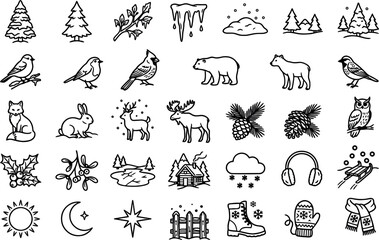 Fototapeta premium Winter themed animal and landscape silhouettes in a linear style silhouette