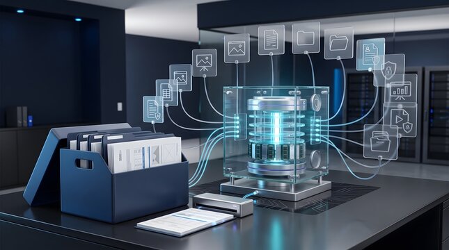 Glowing data server extracting holographic document icons from physical storage box. Concept of cloud migration and digital archiving system.