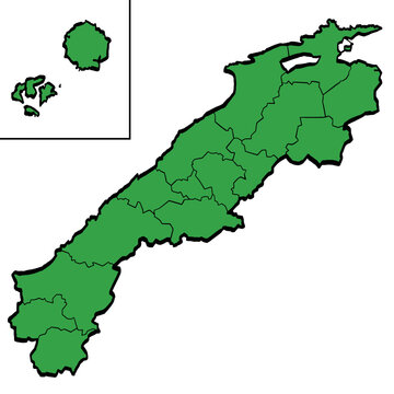 島根県地図 市町村区分 緑色 筆タッチ 和風 西日本 / A brushstroke map of Shimane Prefecture / green