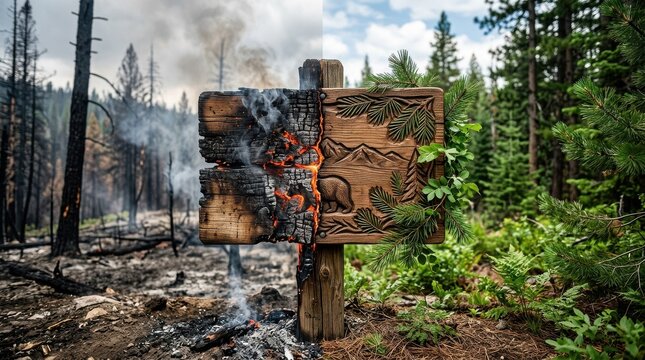 Smoke Rises from Wildfire Damaged Wooden Trail Sign in Forest